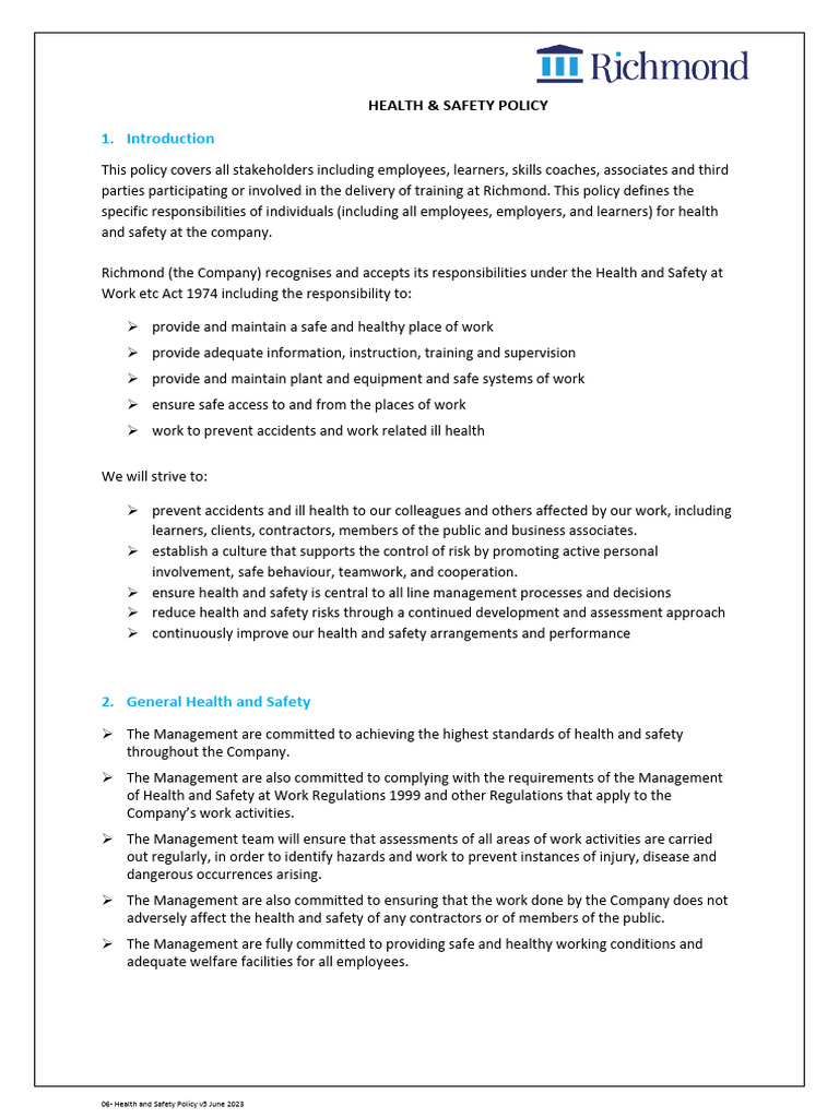 Health and Safety Policy v5.1 July 23 | PDF | Occupational Safety And ...