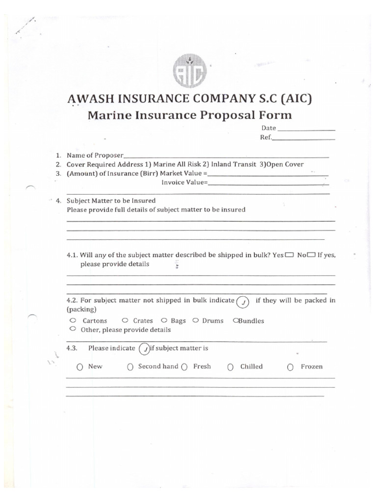Marine Insurance Proposal Form | PDF