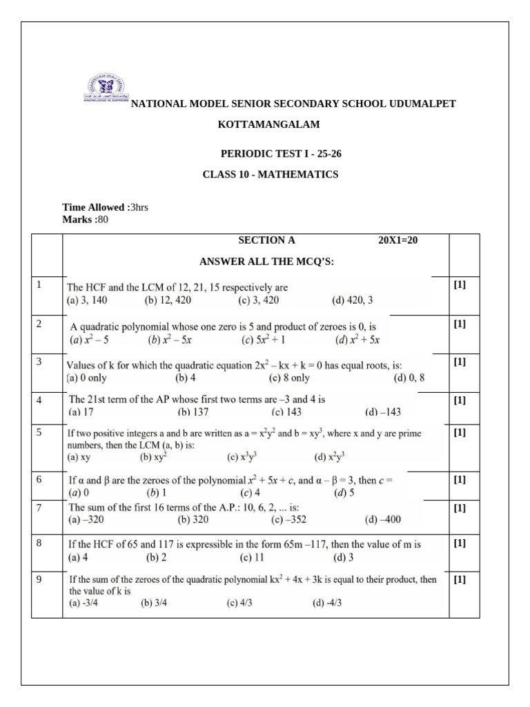 Grade 10 Periodic Test 1 25-26 Maths QP | PDF | Latitude | Mathematics