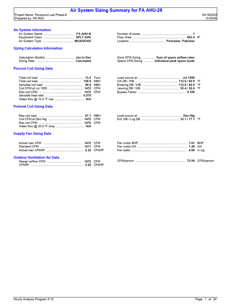 System Design Report AHU-28 | PDF | Ventilation (Architecture) | Wall