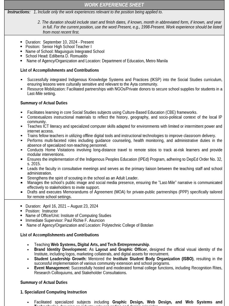 CS Form No. 212 Attachment - Work Experience Sheet | PDF | Educational ...