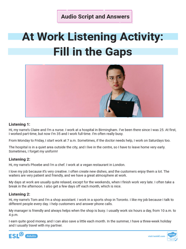 Audio Script + Answers at Work Listening Activity | PDF | Chess ...