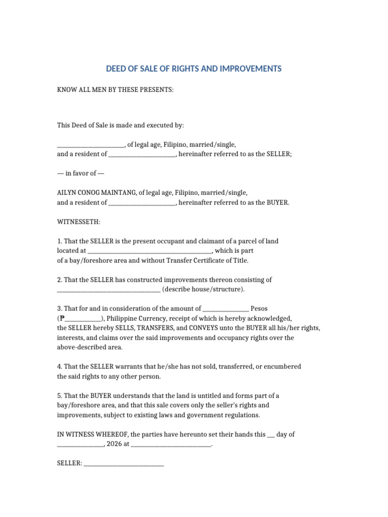 Deed of Sale of Rights and Improvements | PDF