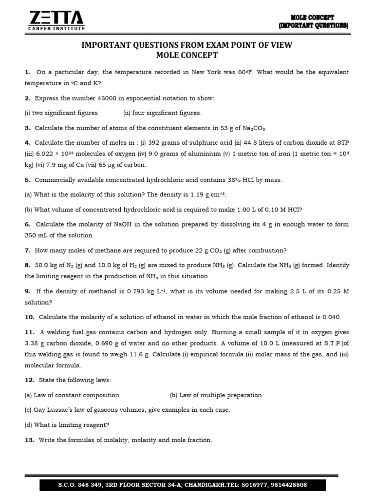 Mole Concept (Important Questions) Sheet | PDF | Mole (Unit) | Gases