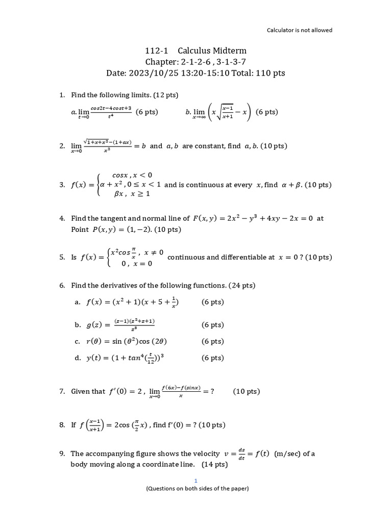 112-1 Calculus Midterm Question | PDF