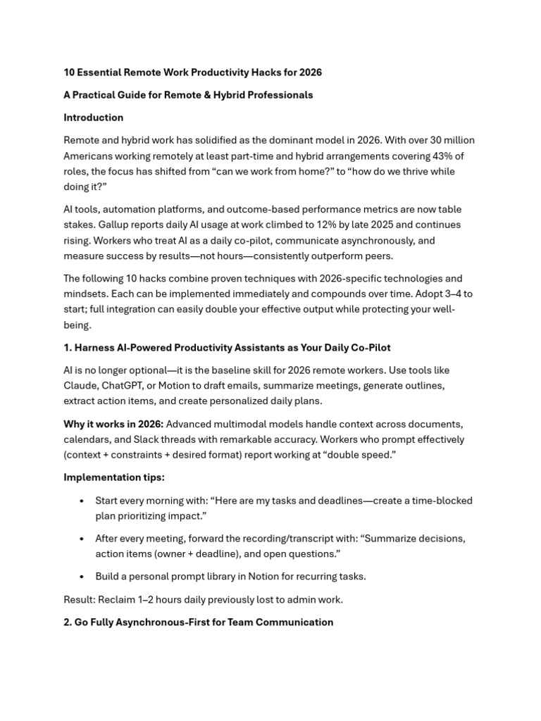 10 Essential Remote Work Productivity Hacks For 2026 | PDF