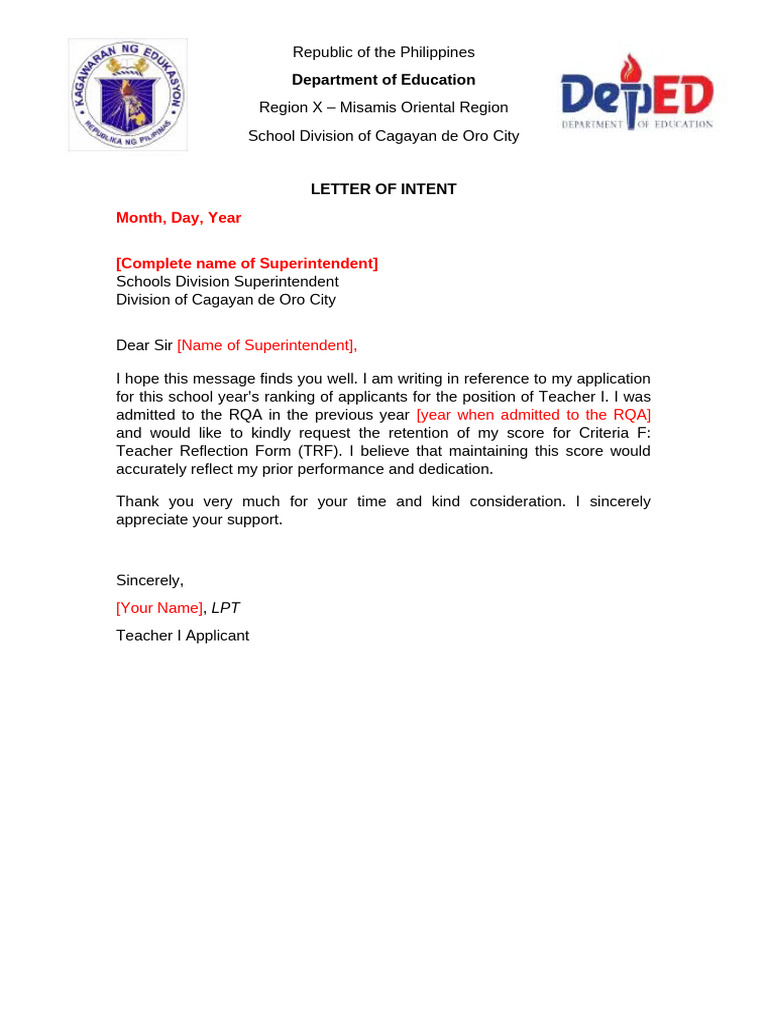 Template For Letter of Intent For RQA Retention | PDF