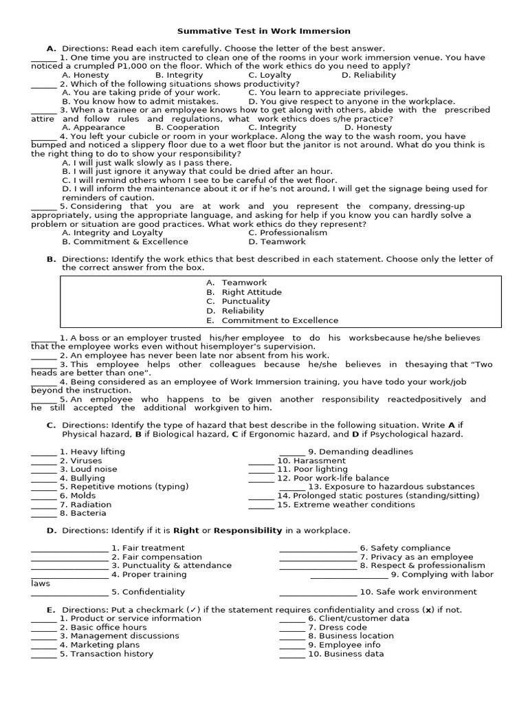 Long Quiz in Work Immersion | PDF | Hazards | Working Conditions