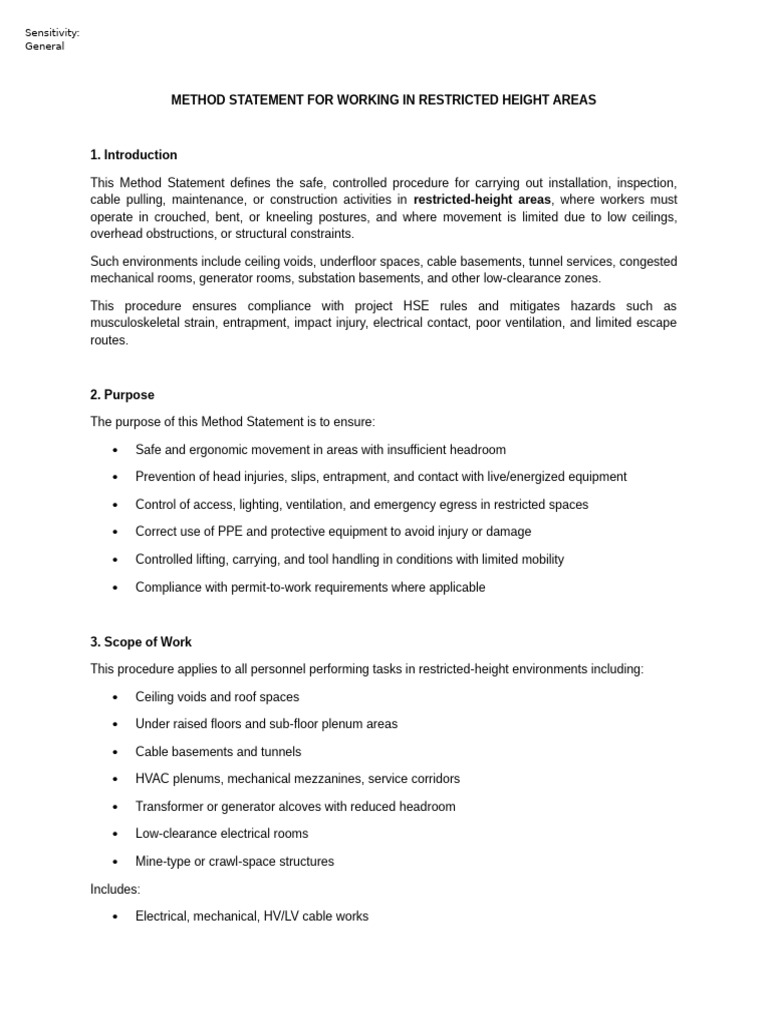 Method Statement For Working in Restricted Height Areas | PDF ...