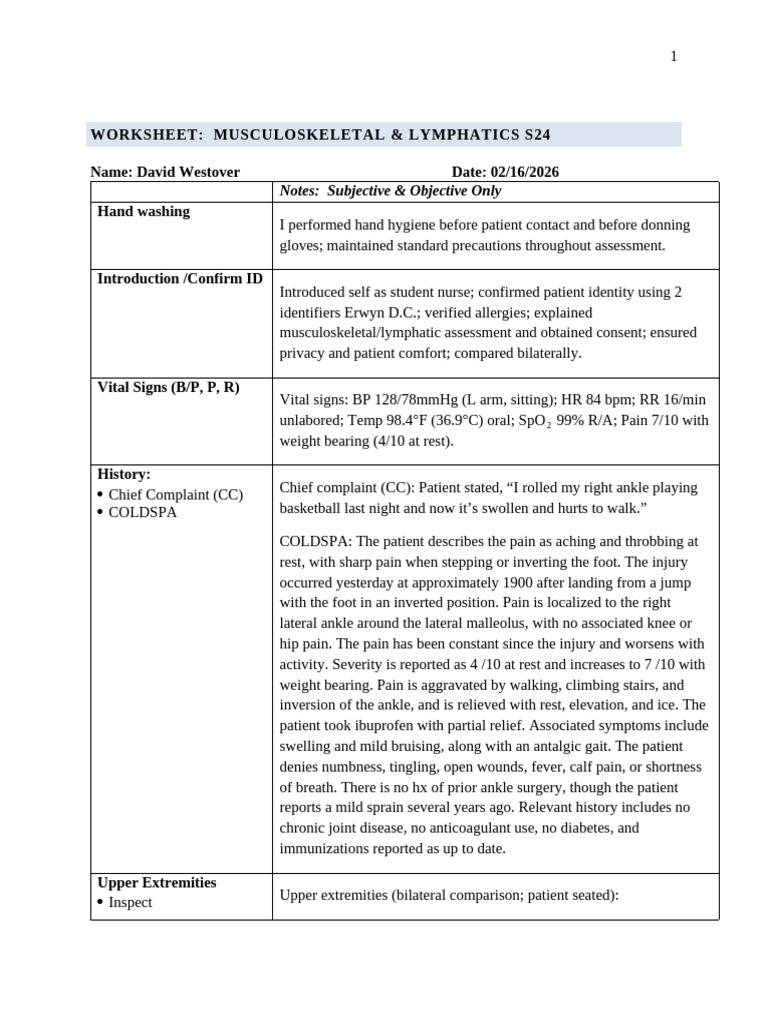 Musculoskeletal-Lymphatics Worksheet | PDF