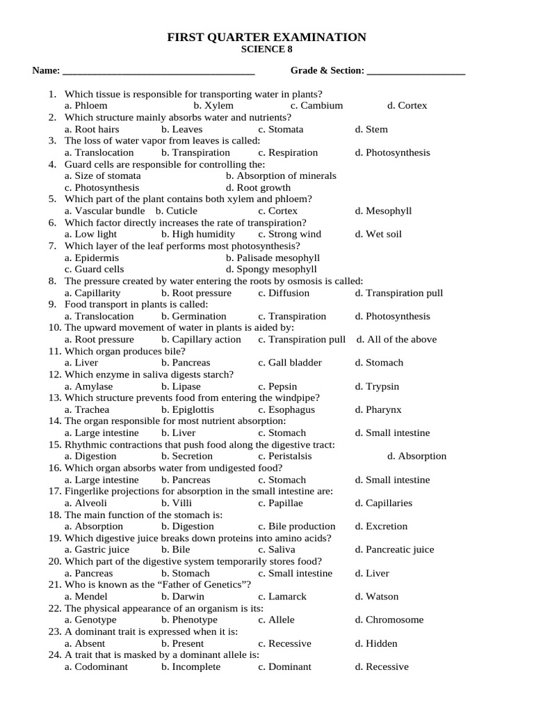 q1 Science Examination | PDF | Dominance (Genetics) | Digestion