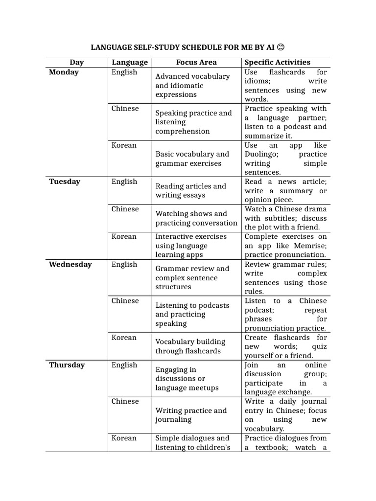 Self Study Schedule | PDF | Vocabulary | English Language
