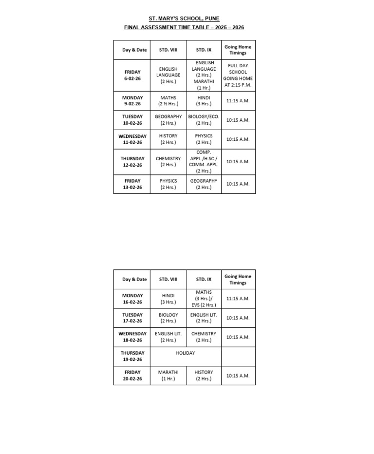 Final Exam STD 8 and 9 Time Table 2025-2026 | PDF