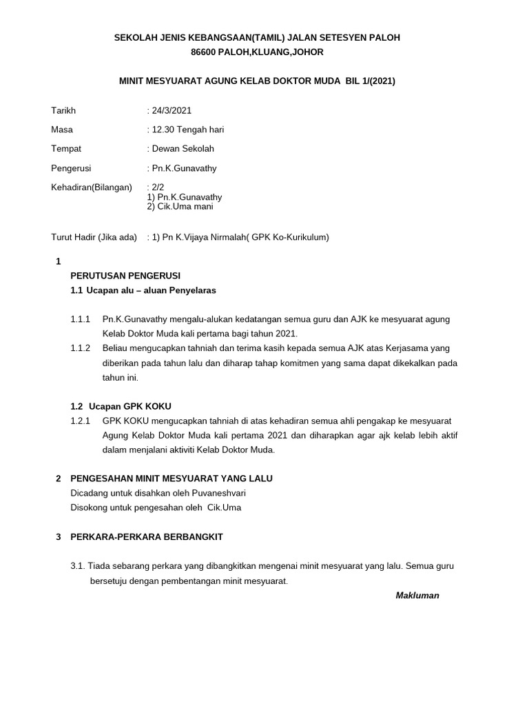 Pk07-3 Format Minit Mesyuarat Kelab Doktor Muda | PDF