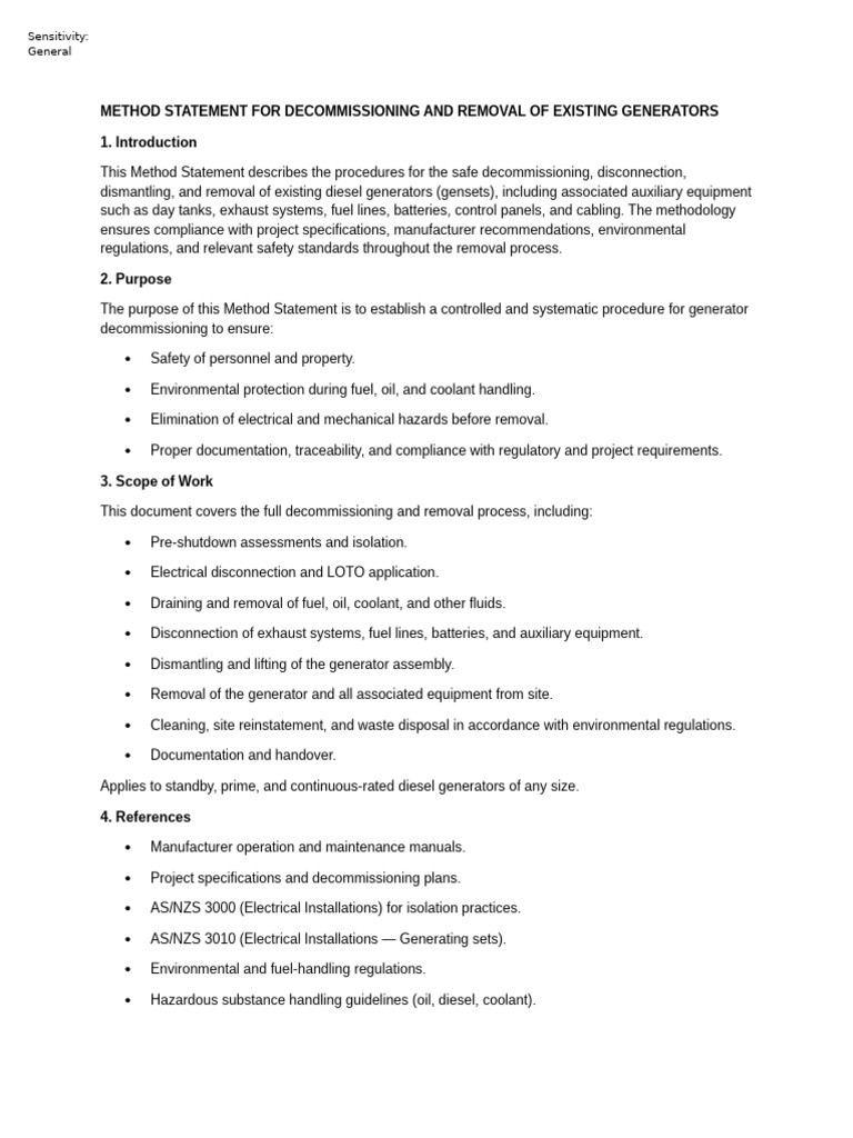 Method Statement For Decommissioning and Removal of Existing Generators ...