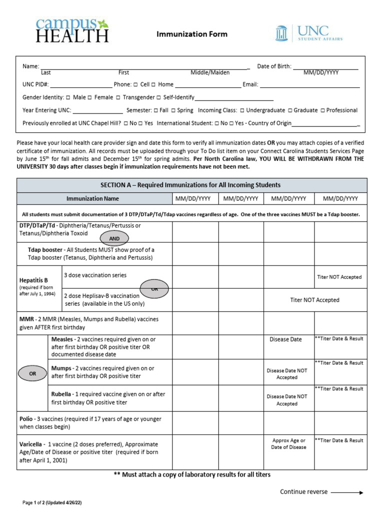 Campus Health Immunization Form | PDF | Vaccines | Pediatrics
