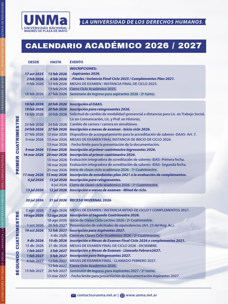 Calendario Academico UNMa 2026 2027 | PDF
