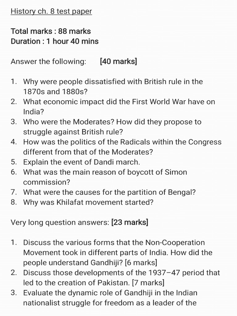 History CH 8 Test Paper | PDF