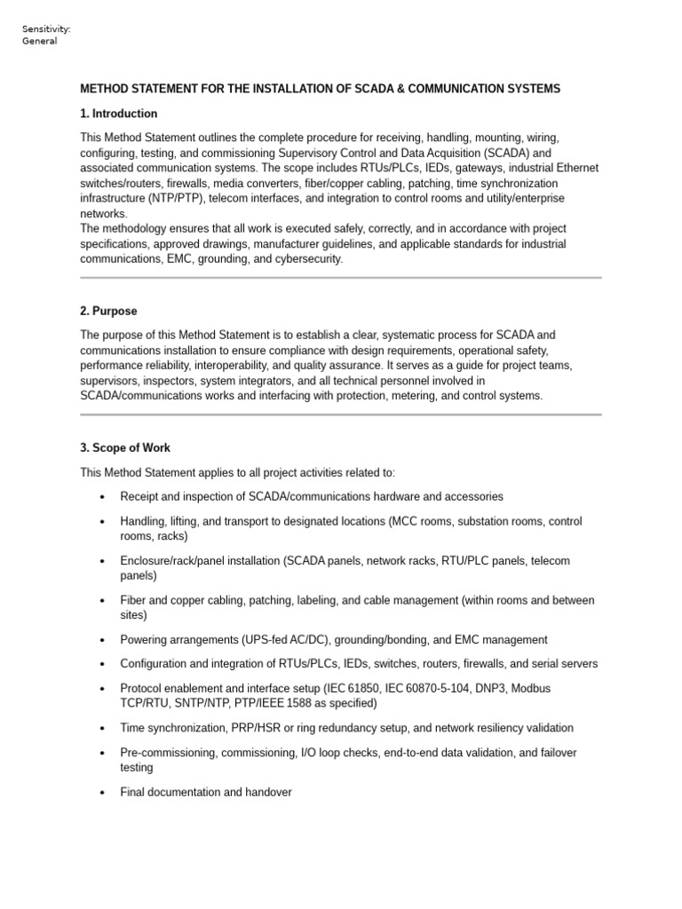 Method Statement For The Installation of Scada | PDF | Scada | Optical ...