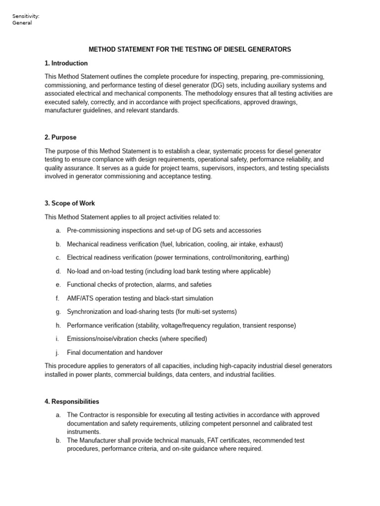Method Statement For The Testing of Diesel Generators | PDF ...