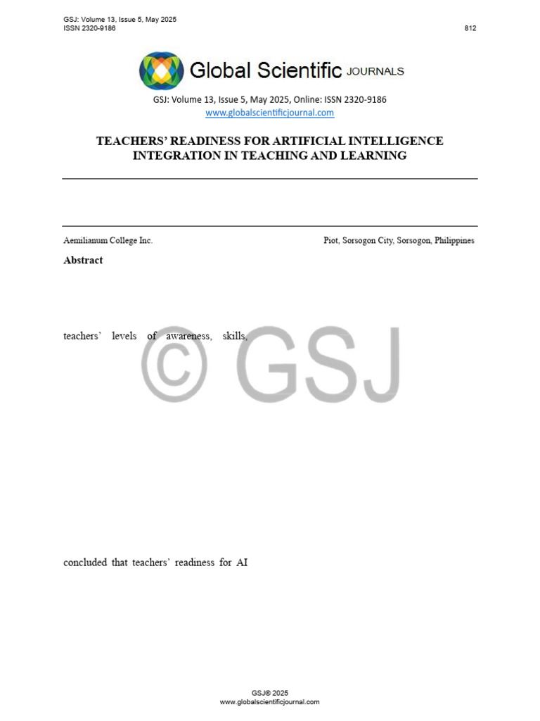 Teachers Readiness For Artificial Intelligence Integration in Teaching ...
