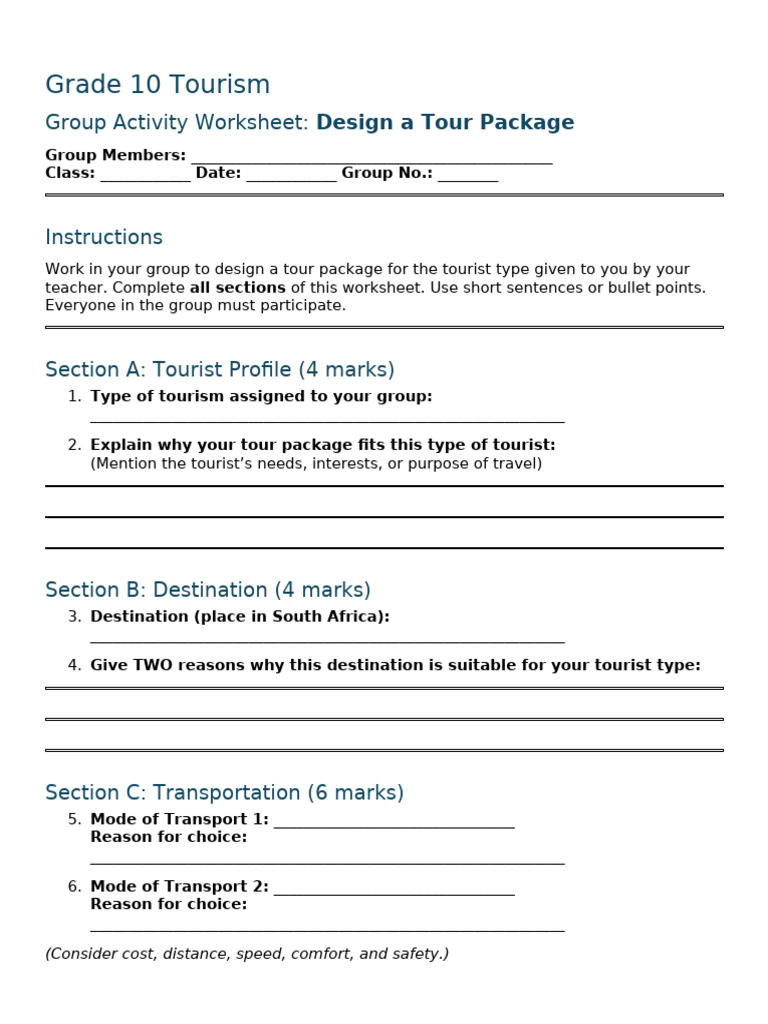 Grade 10 Tourism - Tour Package Group Activity Worksheet | PDF