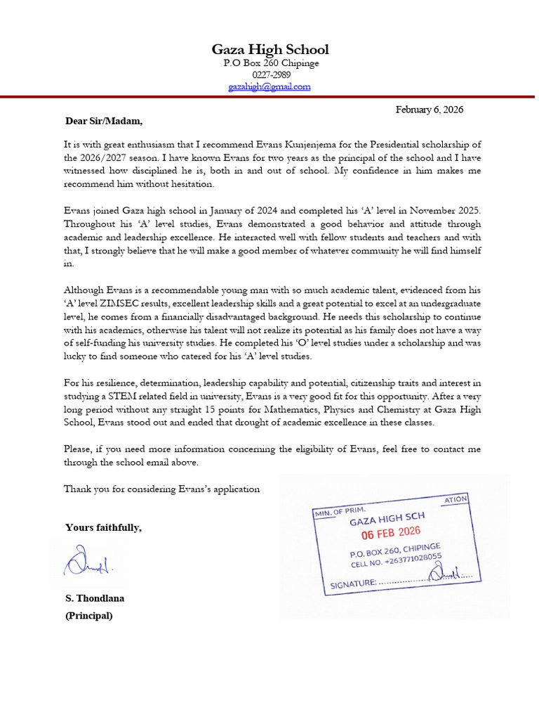 Evans Kunjenjema Reference Letter | PDF