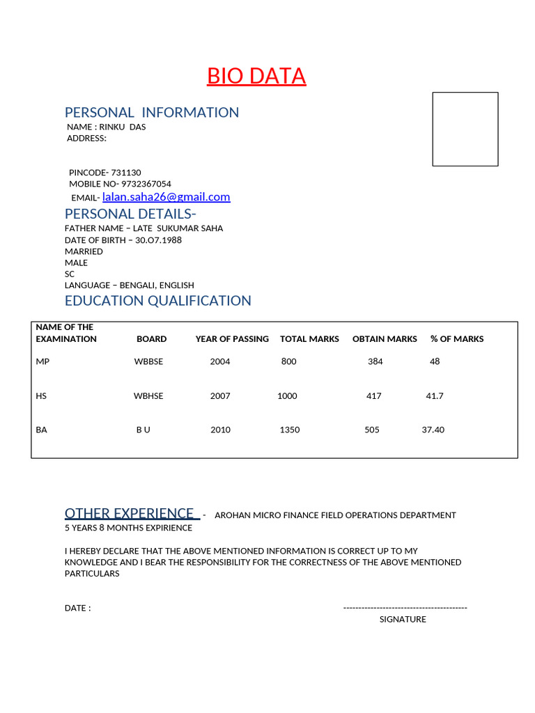 Bio Data | PDF