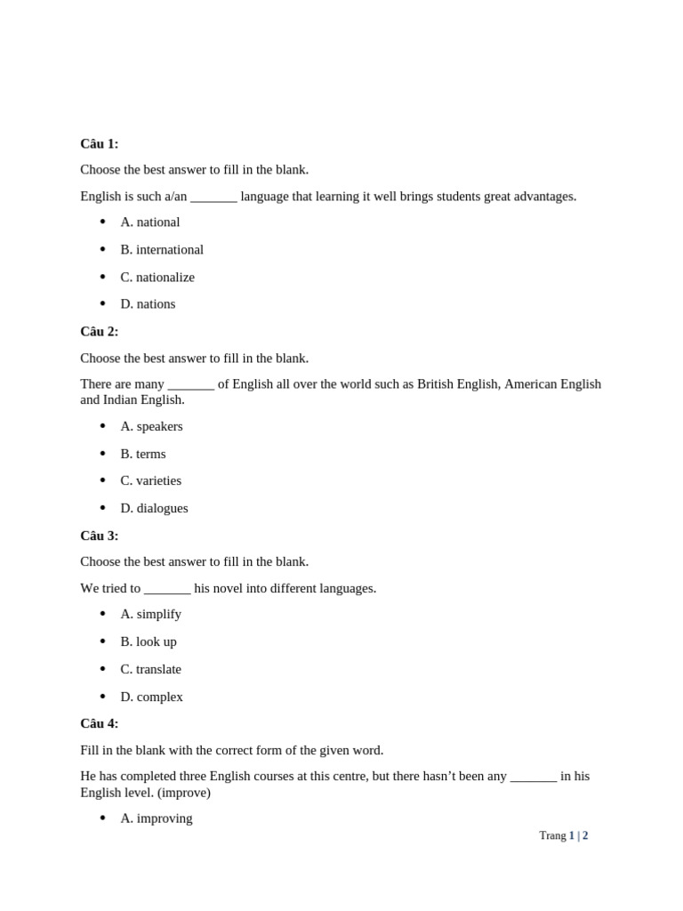 20 Cau Trac Nghiem Tieng Anh 9 Unit 1 English in The World Vocabulary ...
