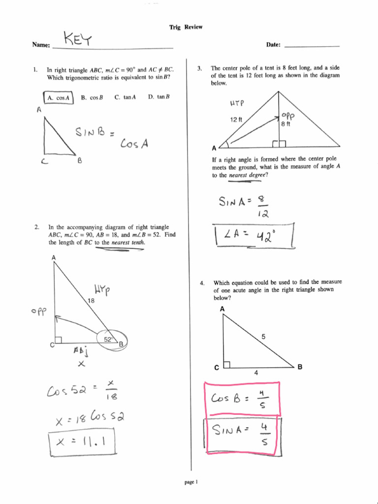 10 Trig Test Review WS #1-20 Key | PDF | Trigonometry | Triangle Geometry