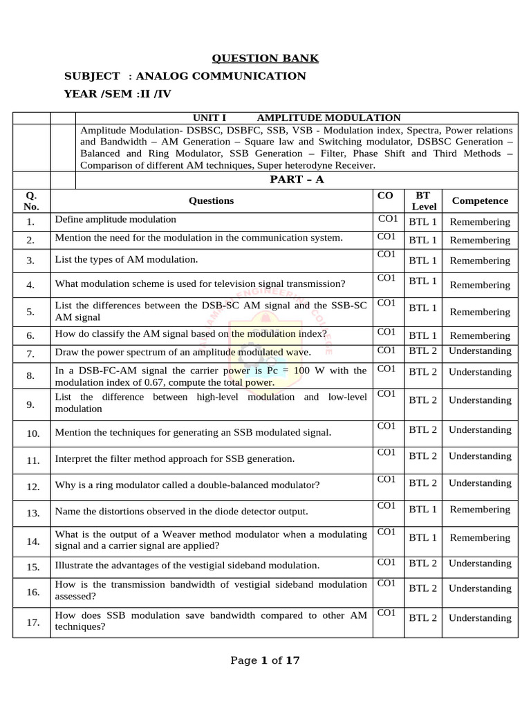 EC3463 - Analog Communication - QB | PDF | Frequency Modulation ...