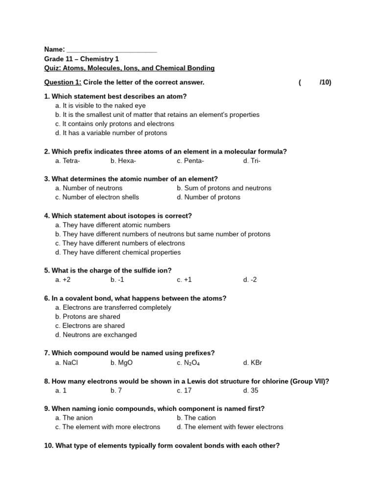 Grade 11 - Chemistry - Quiz 3 V1 | PDF | Ion | Chemical Compounds
