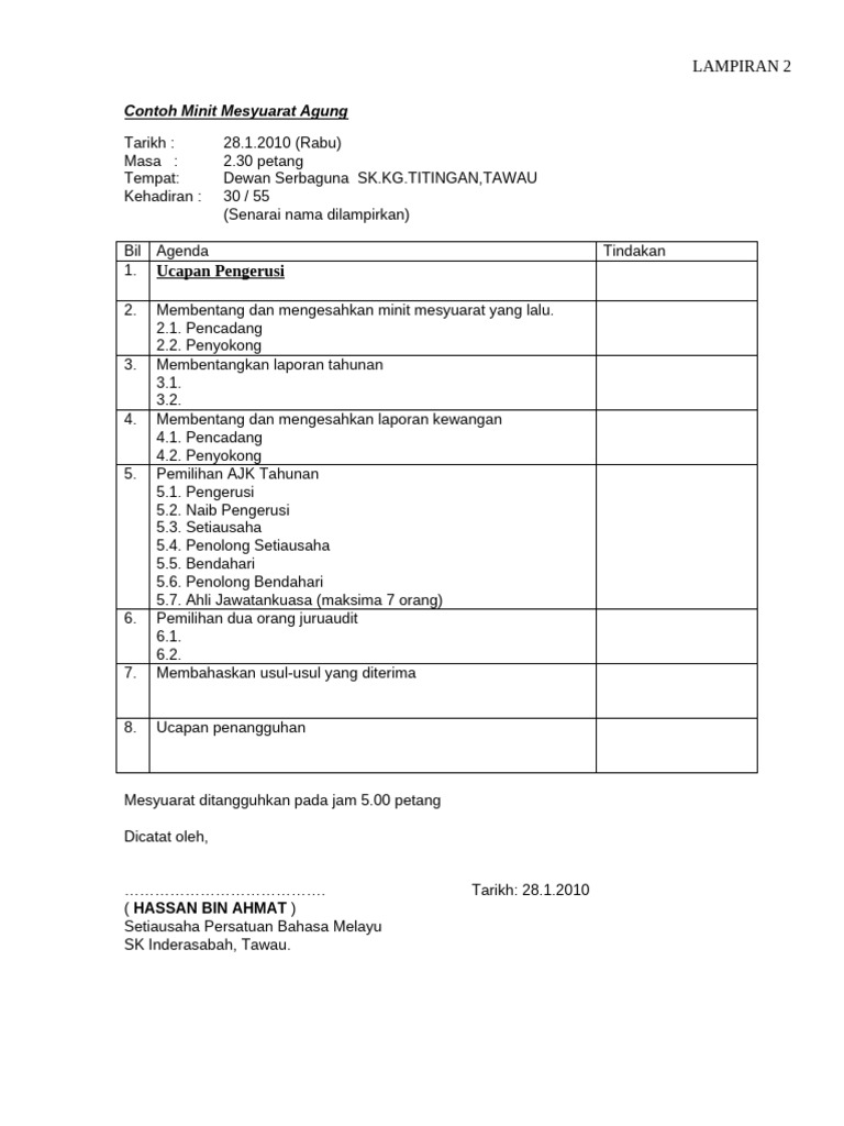 Contoh Minit Mesyuarat Agung | PDF
