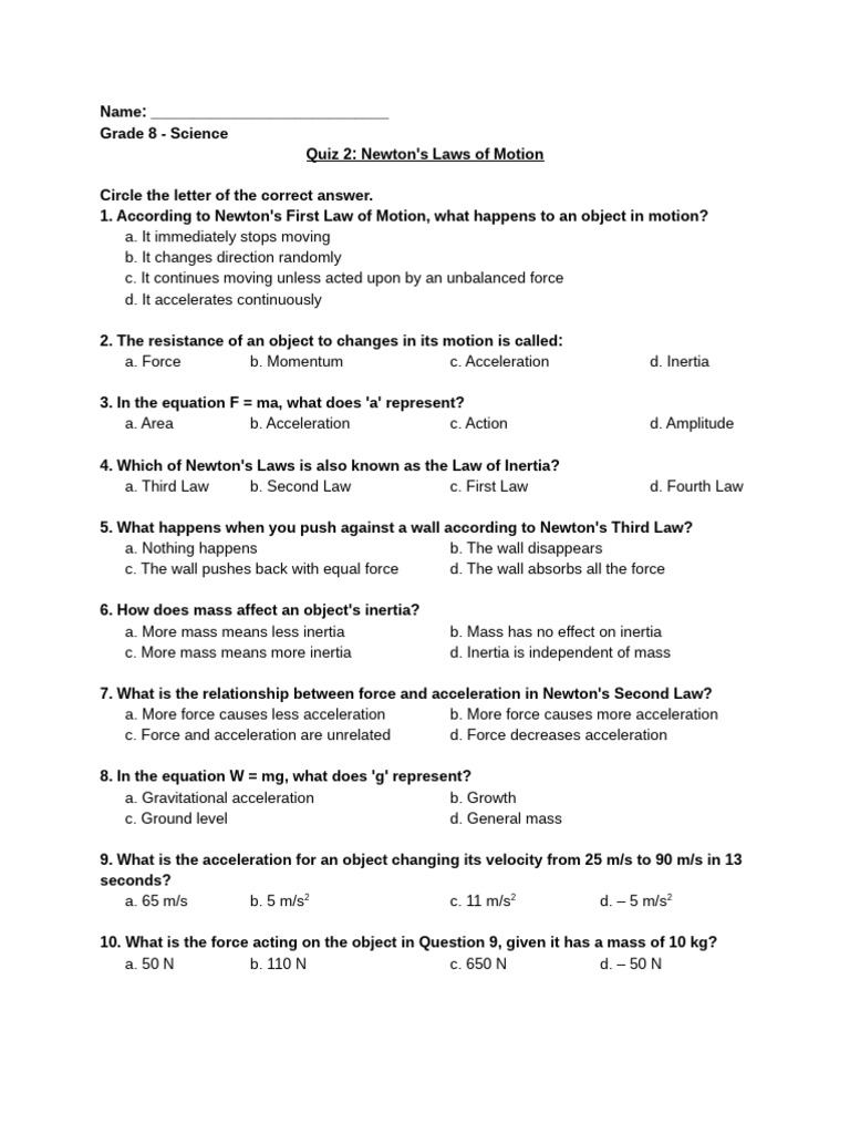 Grade 8 Quiz 2 - Newton's Laws of Motion MCQ | PDF | Force | Mass