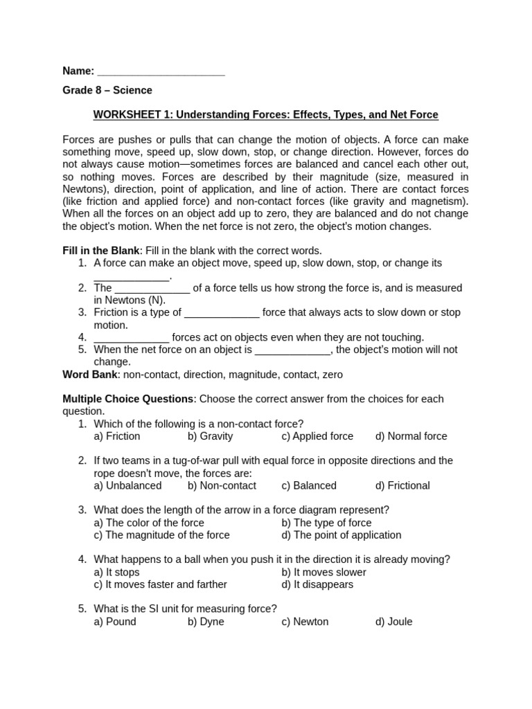 Worksheet 1 - Understanding Forces | PDF | Force | Mass