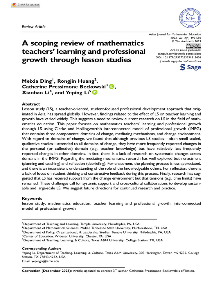 Ding Et Al 2023 A Scoping Review of Mathematics Teachers Learning and ...