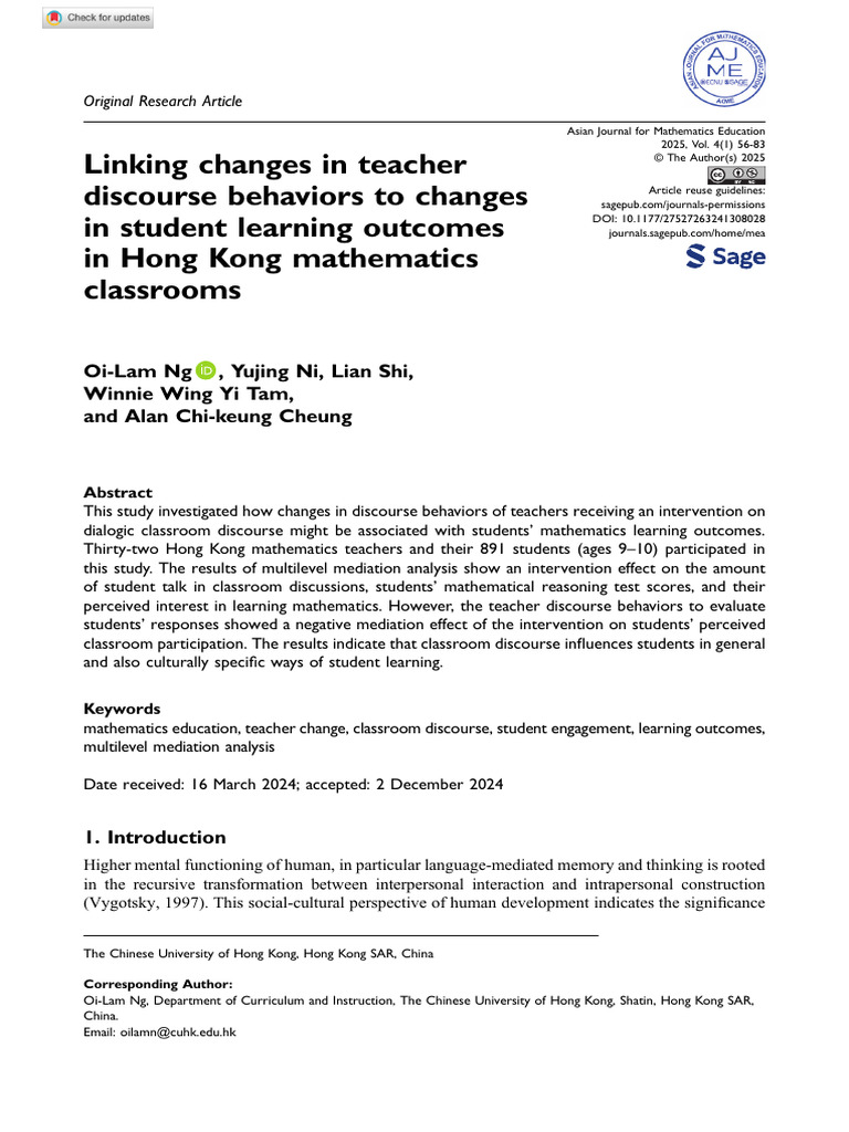 NG Et Al 2025 Linking Changes in Teacher Discourse Behaviors To Changes ...