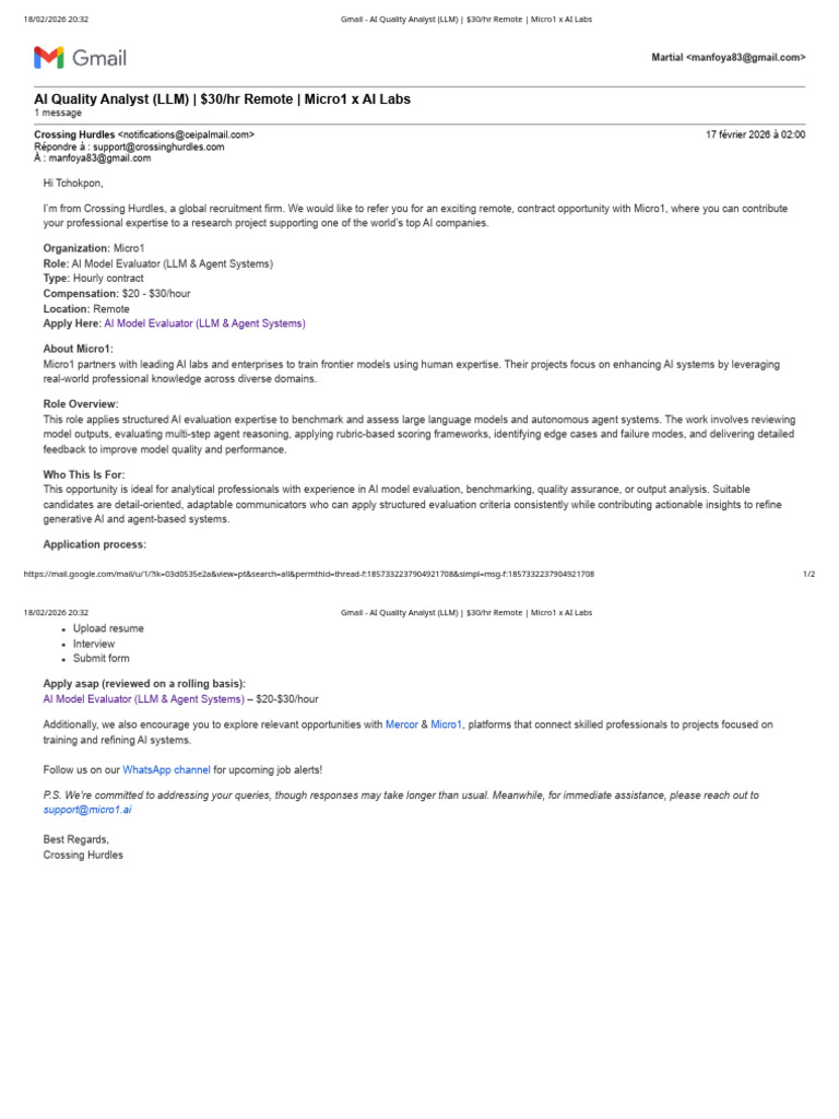 Gmail - AI Quality Analyst (LLM) - $30 - HR Remote - Micro1 X AI Labs ...