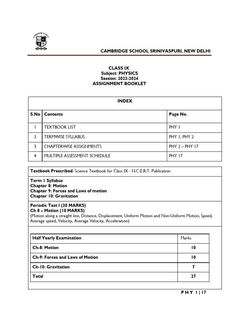 Assignment Booklet Class 9 | PDF | Force | Weight
