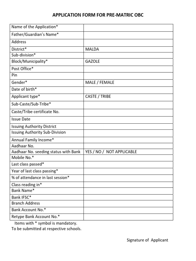 Application Form For Pre Matric Obc | PDF