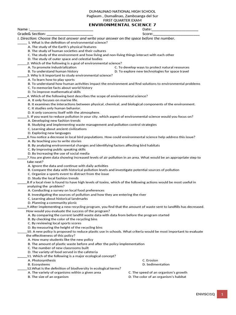 1st Quarter Test Questions Environmental Science 7 | PDF | Ecosystem ...