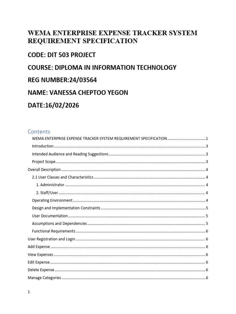 Wema Enterprise Expense Tracker System Requirement Specification | PDF ...