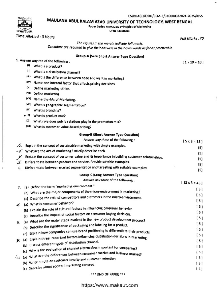 Bba 3 Sem Principles of Marketing Mim301a 2025 | PDF