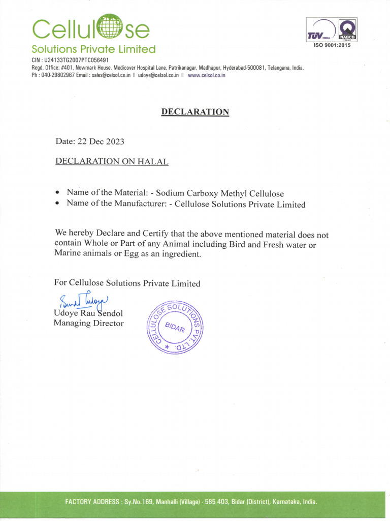 Halal Declaration - Sodium CMC - Cellulose Solutions | PDF