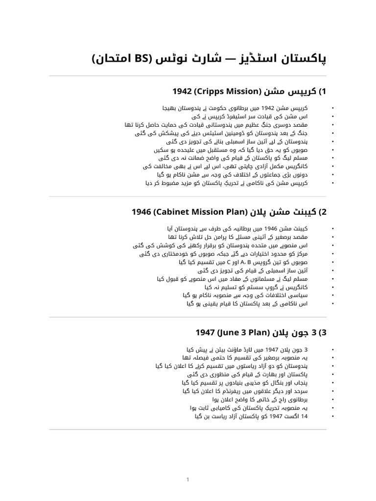 Pakistan Studies - Short Notes (Bs Exam) | PDF
