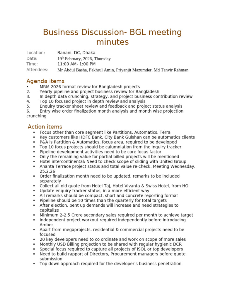 Business Discussion BGL - Meeting Minutes | PDF