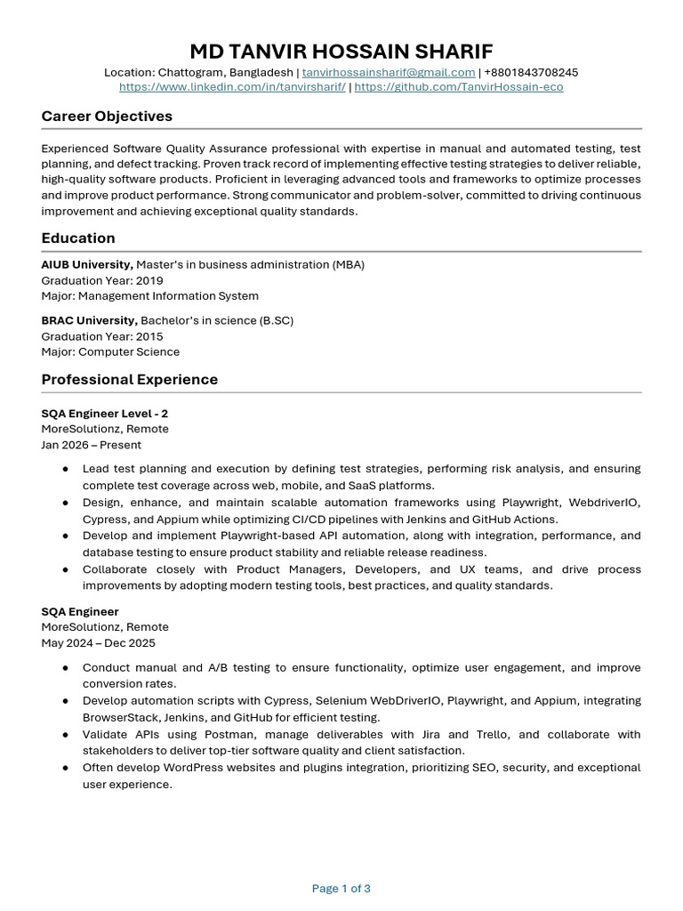 o7ZFWKIWWhYk Tanvir Hossain Sharif ATS CV | PDF | Word Press | Software