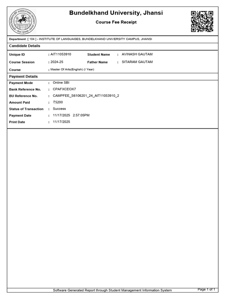 Course Fee Payment Receipt | PDF