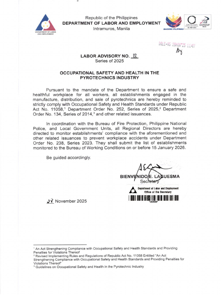 Labor Advisory No. 18 - 25 Occupational Safety and Health in The ...