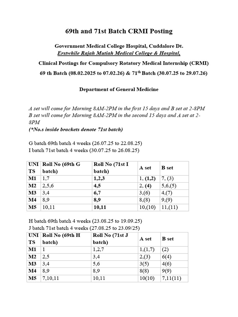 Final Posting Schedule 69th and 71st Batch | PDF | Medical School ...